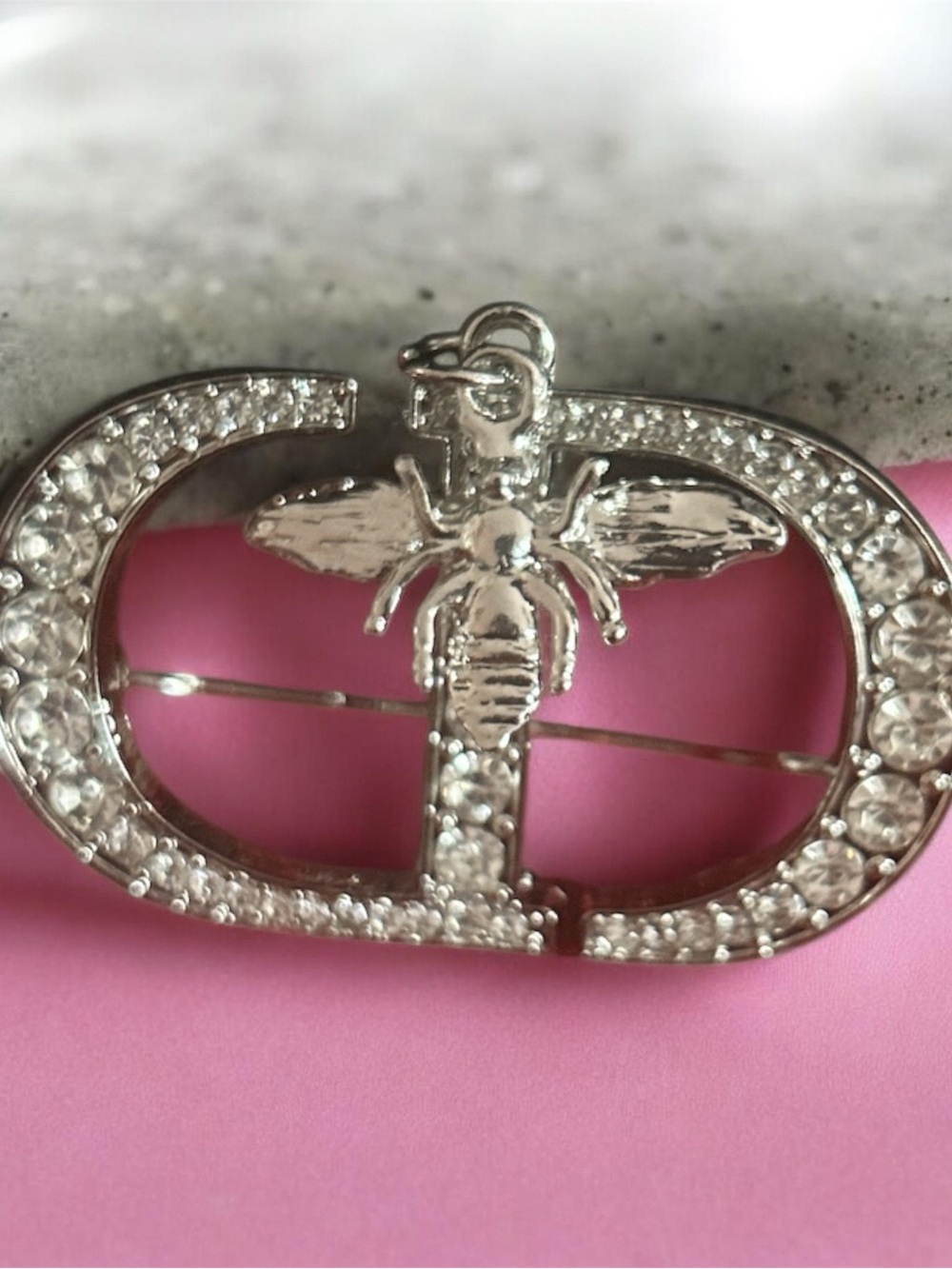 Silver Bee Crystal Oval Hair Brooch - Pink Accent